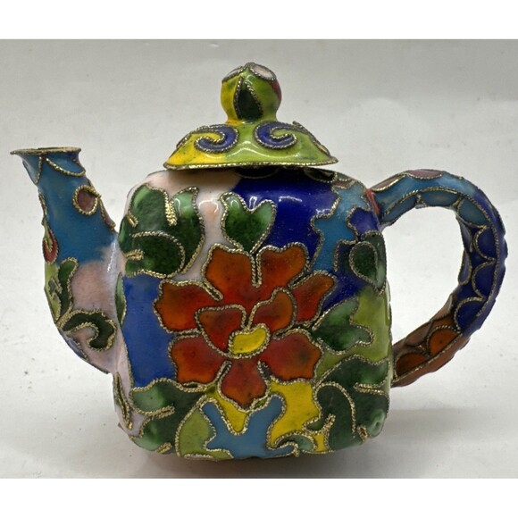 2 Cloisonné Vtg. Miniature Tea Pot Pots With Pink Rose Red Flowers - Picture 5 of 7